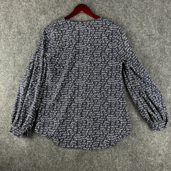 CAbi Top Womens Small Te Amo Blouse Blue Purple Print V Neck Long Flare Sleeve - Picture 5 of 6